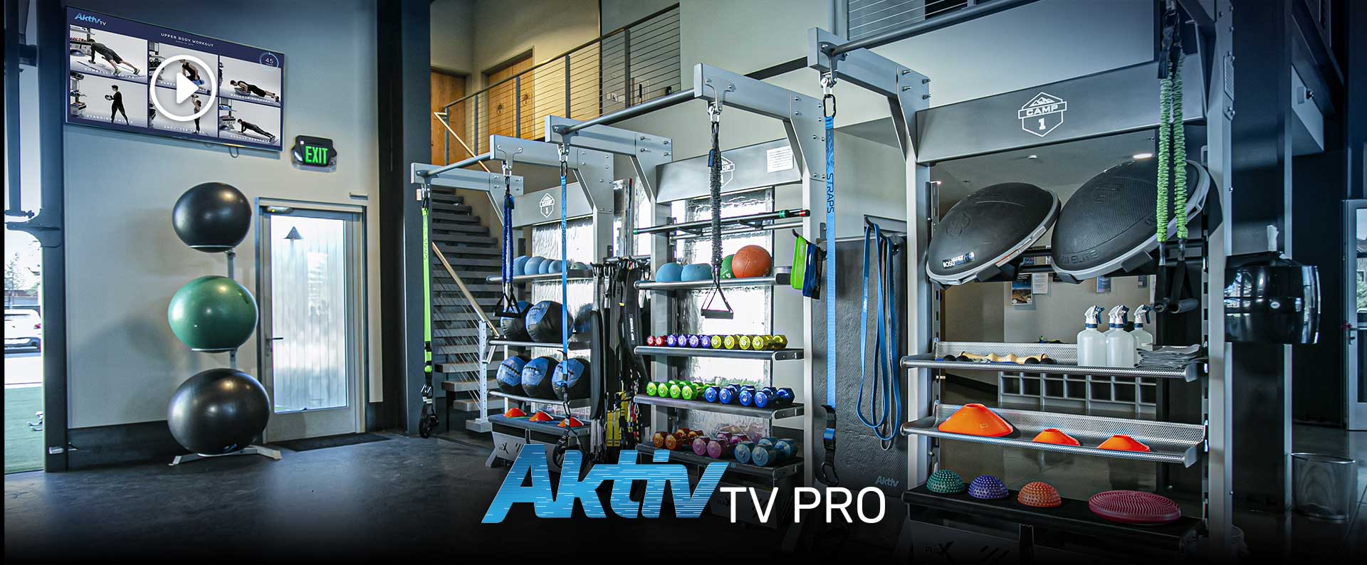 AktivTV Pro digital exercise guidance in a health club.