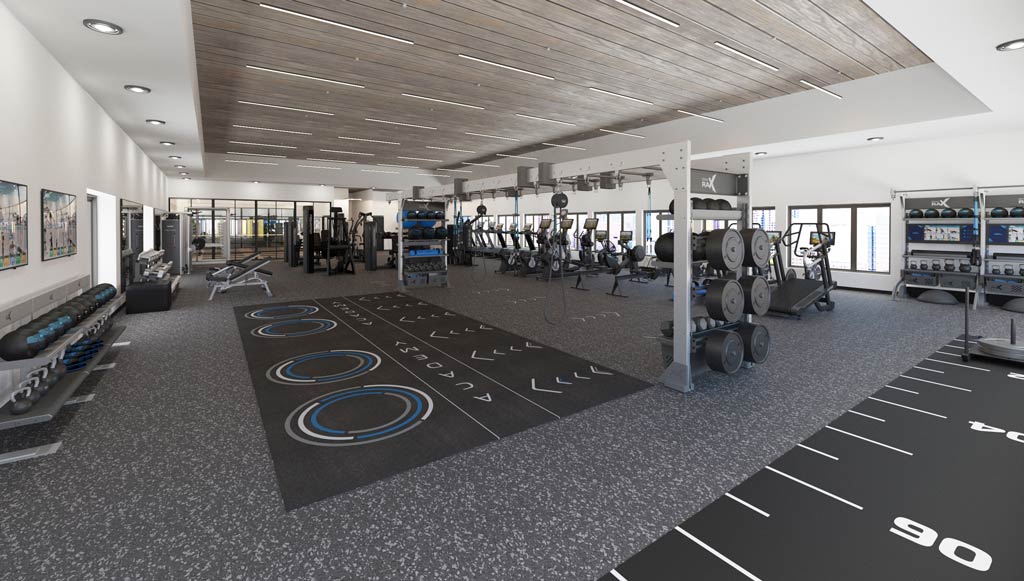 Commercial gym design layout with performance flooring, functional training equipment, and exercise guidance.