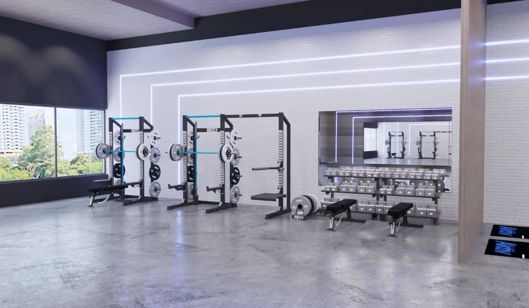 Fitness space with strength and free weight equipment.