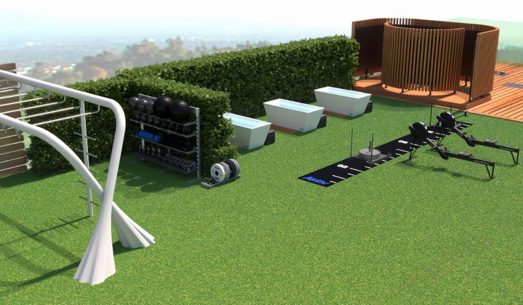 Outdoor fitness space designed with designated recovery space.